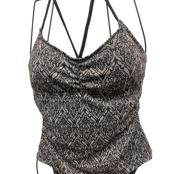 ladies Swimsuit XL Jacquard Damask Grey Black ruched beach swim ladder back - Picture 3 of 6